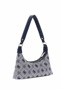 Borsa hobo in tessuto grigio con motivo blu navy, dotata di una sola tracolla blu navy e hardware in tono argento. Chiusura con zip sulla parte superiore.
