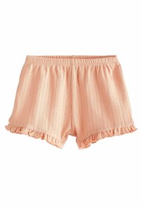 Pantaloni scurți de culoare piersică, dintr-un material ușor, cu dungi verticale și un tiv delicat cu volane. Talie elastică pentru un fit ajustabil.