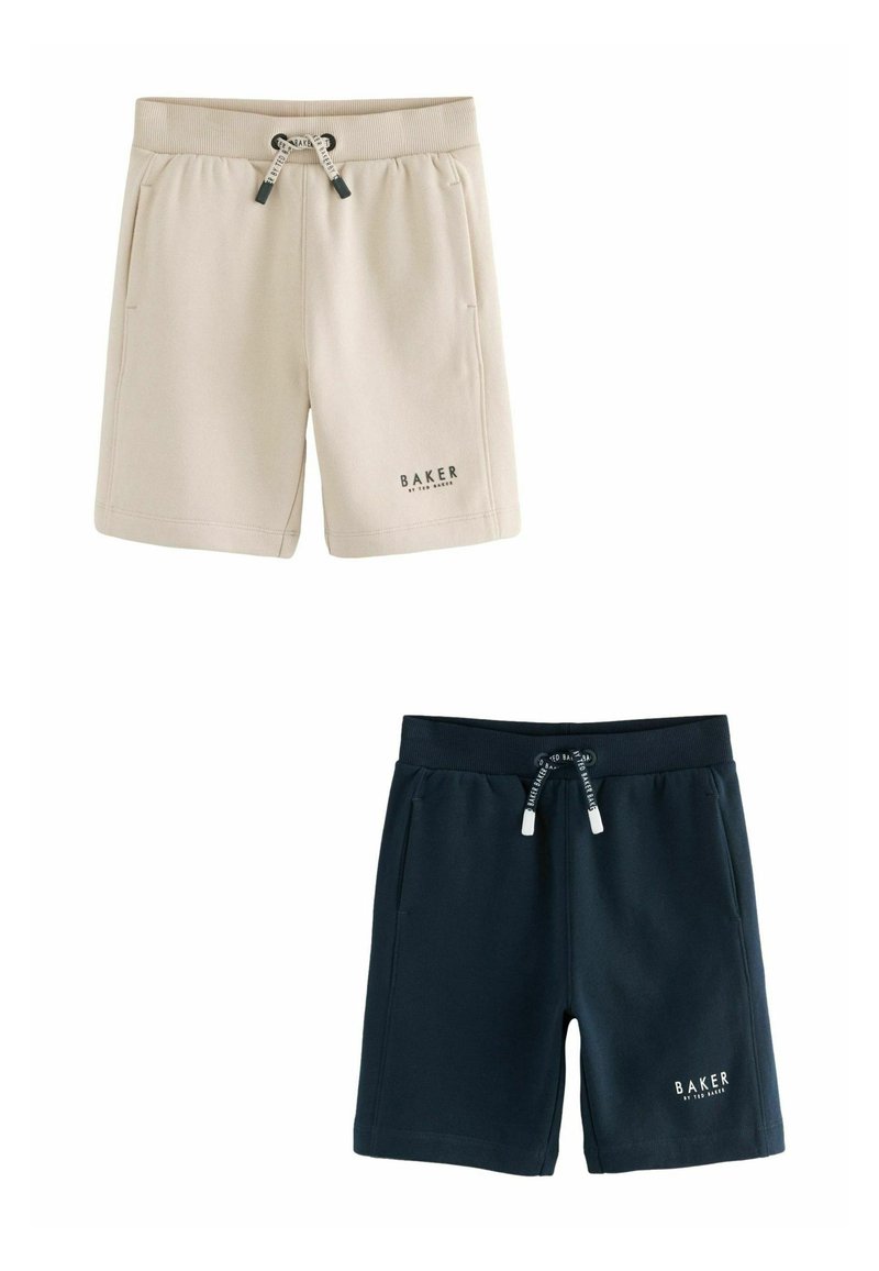Pantalones cortos de sudadera en color beige y marino, hechos de un tejido suave; cinturilla elástica con cordones, bolsillos laterales y detalle del logo en el dobladillo.