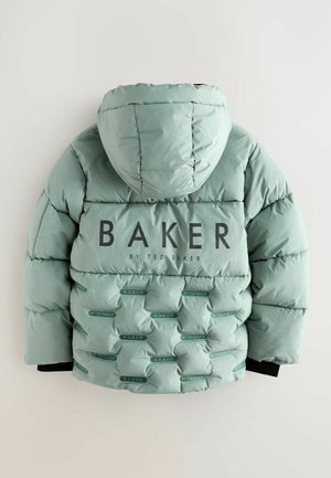 Padded mintgrüne Jacke mit Kapuze, mit strukturiertem Steppmuster, "BAKER"-Logo und schwarzen Ärmelakzenten.