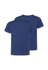 Zwei marineblaue T-Shirts aus Baumwolle, mit kurzen Ärmeln und einem klassischen Rundhalsausschnitt. Der Stoff hat eine glatte Textur.