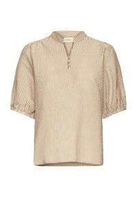 Beige og hvid stribet kortærmet bluse med ståkrave og tre-knaps lukning. Har et tekstureret stof og let puffede ærmer.