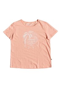 T-shirt rose clair à manches courtes en tissu doux, avec un graphique de palmier blanc et de vague au centre, col rond et coupe décontractée.