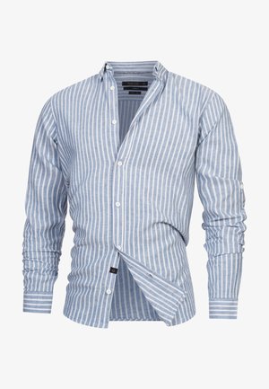 Light blue striped shirt made of fabric with vertical white stripes. Features a button-down collar and long sleeves with button cuffs.