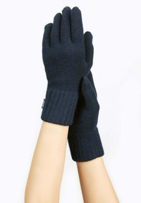 Stickade marinblå handskar med ribbade muddar, som har en åtsittande passform och slät yta, designade för värme och komfort. Inga synliga logotyper.