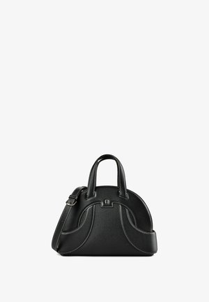 Sac à main en cuir noir avec anses supérieures incurvées, bandoulière amovible et détails de coutures blanches sur fond blanc uni.
