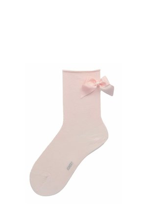 Hellrosa Socke mit strukturiertem Gewebe und einer kleinen Satinschleife nahe der Manschette an der Außenseite befestigt.