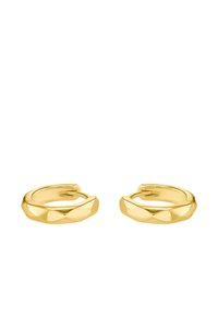 Orecchini a cerchio in oro con design attorcigliato, caratterizzati da una superficie liscia e lucida e una chiusura aperta, creando un'estetica moderna ma semplice.