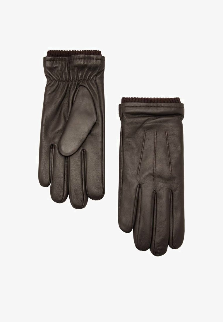 Guantes de cuero marrón con un puño de punto acanalado, que cuentan con un interior forrado y detalles de costura sutiles en la parte posterior de la mano.