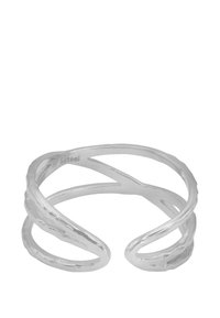 Anello cuff in acciaio inox argento con design intrecciato e ondulato e una texture liscia, caratterizzato da una silhouette aperta e uno stile minimalista.