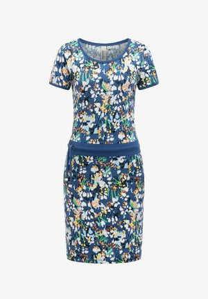 Sininen lyhythihainen mekko, jossa valkoisia, oransseja, keltaisia ja vihreitä kukkakuvioita, istuva vyötärö ja samanvärinen sininen nyörivyö.