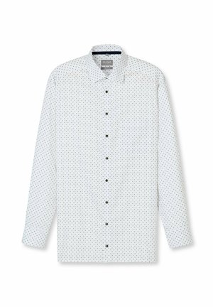 Weißes Langarmhemd mit feinem schwarzem Polka-Dot-Muster, durchgehender Knopfleiste, Kragen und einer einzelnen Brusttasche. Weiche Stoffstruktur.