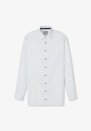 Weißes Langarmhemd mit feinem schwarzem Polka-Dot-Muster, durchgehender Knopfleiste, Kragen und einer einzelnen Brusttasche. Weiche Stoffstruktur.