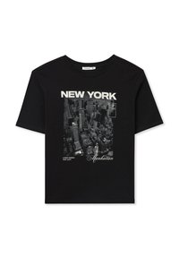 T-shirt in cotone nero con una stampa grafica di New York City con il testo "NEW YORK" e "Manhattan" in bianco. Maniche corte, colletto rotondo.
