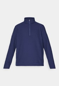 Pullover azul marinho com um colarinho alto e fecho de quarto, apresentando um padrão de malha texturizada e mangas longas.
