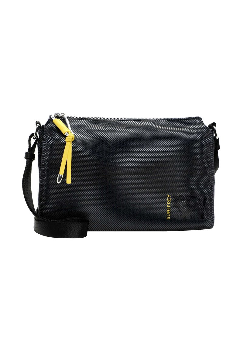 Borsa a spalla nera con texture, dettaglio cerniera gialla, tracolla regolabile e logo giallo. Design rettangolare elegante.