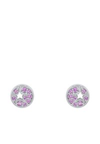 Orecchini a perno in argento con un design circolare, con gemme rosa disposte attorno a un'intaglio a forma di stella centrale.