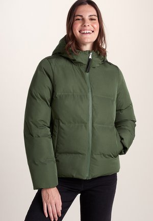 Green puffer jacket with a hood, featuring a front zipper closure and side pockets. Smooth texture with a warm, insulated design.
