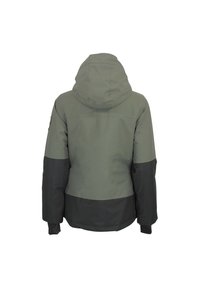 Veste à capuche imperméable avec un design bicolore, présentant une partie supérieure vert clair et une partie inférieure noire. Texture de tissu lisse.