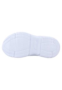 Suola di sneaker bianca con superficie in gomma testurizzata, caratterizzata da profonde scanalature e motivi per una migliore aderenza. Bordo liscio con area del tallone rinforzata.
