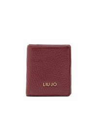 Portofel din piele burgundă cu finisaj texturat, design pliat și logo auriu "LIU JO" pe față. Formă compactă și rectangulară.