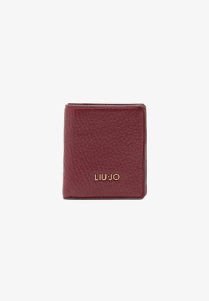 Portofel din piele burgundă cu finisaj texturat, design pliat și logo auriu "LIU JO" pe față. Formă compactă și rectangulară.