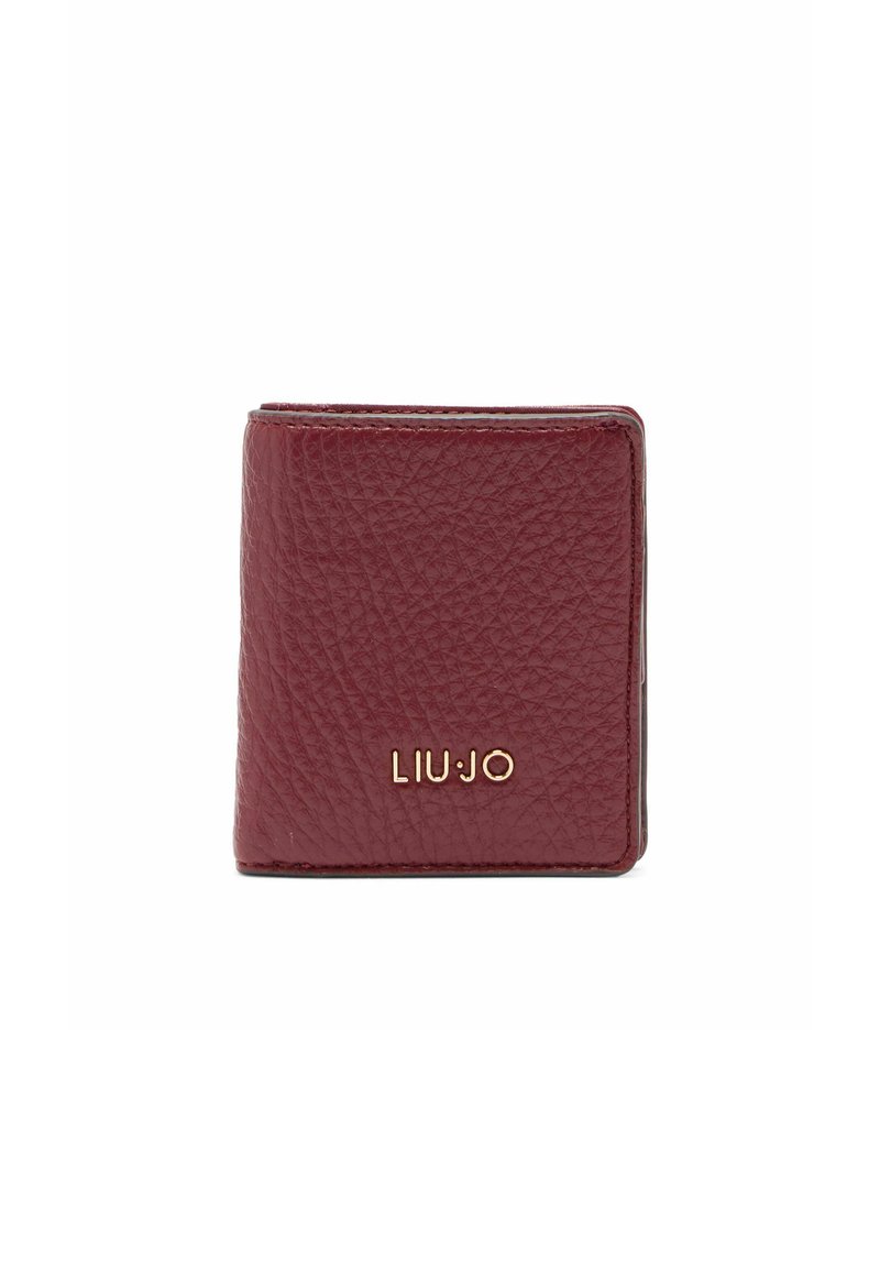 Portofel din piele burgundă cu finisaj texturat, design pliat și logo auriu "LIU JO" pe față. Formă compactă și rectangulară.