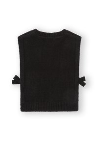 Chaleco de punto negro con un acabado texturizado, que presenta un escote redondo y lazos laterales para un ajuste ajustable. No hay detalles visibles en la parte delantera.