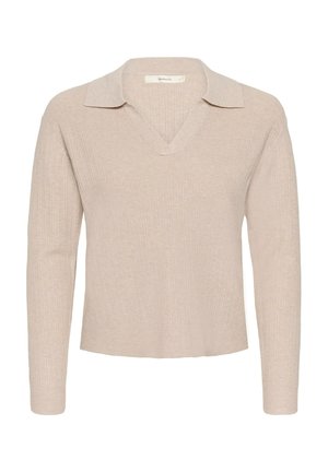 Pull en rib avec encolure en V et col. Présente des manches longues et un tissu texturé. Style simple et minimaliste.