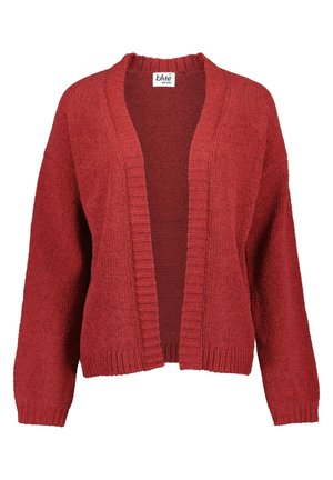 Cardigan en tricot rouge avec une coupe ample, une ouverture devant et des accents côtelés. Il possède des manches longues et une finition texturée pour plus de chaleur.
