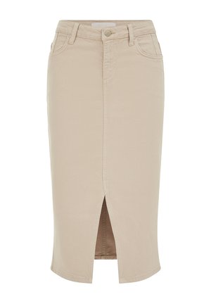 Bēšs ceļgalu garuma zīmuļu svārks ar priekšējo šķēlumu, jostas cilpām, pogu un piecu kabatu dizainu.