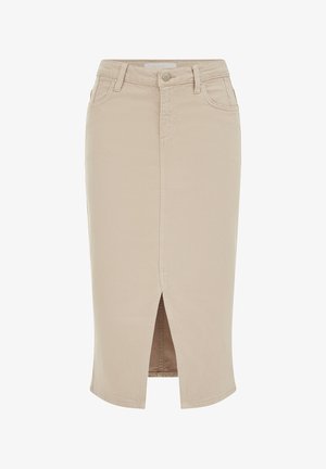 Smėlio spalvos pieštuko formos sijonas, siekiantis kelius, su priekine skeltuke, diržo kilpomis, saga ir penkių kišenių dizainu.