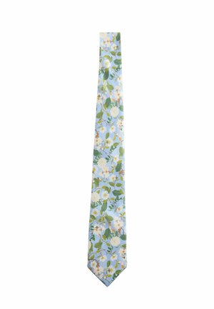 Floral Krawatte mit hellblauem Hintergrund, auf dem mehrfarbige Blumen und grüne Blätter abgebildet sind. Sie besteht aus glattem Stoff und hat eine spitze Form.