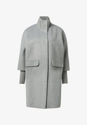 Gray wool coat with a high, ribbed collar, drop shoulder design, two front pockets, and ribbed accents at the cuffs. Soft, textured fabric.