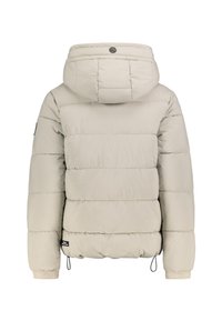 Beige wattierte Winterjacke mit Kapuze, gerippten Bündchen, Kordelzugsaum und kleinen Markenaufnähern am Ärmel und am unteren Rücken.