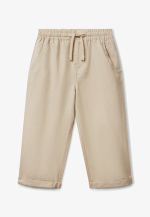 Beige, leichte Hose mit elastischem Bund, Kordelzug und Seitentaschen. Cropped-Länge mit umgeschlagenen Säumen; glatte Textur.