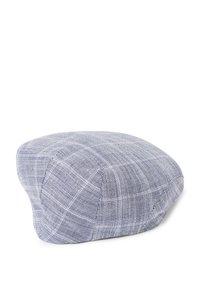 Flat cap with a rounded top, made of light blue fabric featuring a grid pattern. Cotton texture with a smooth finish and stitched detailing.