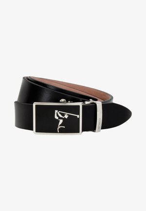 Black leather belt with a smooth texture, featuring a silver rectangular buckle with a black golfing silhouette and brand logo.
