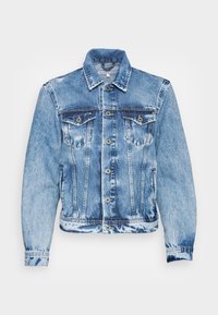 Light blue denim jacket with a classic cut. Features a pointed collar, two chest pockets, button closures, and distressed accents.