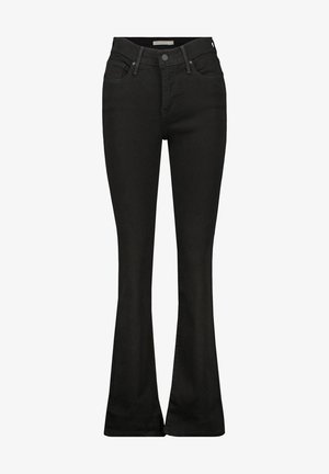 Jean évasé noir avec un design classique à cinq poches, en tissu denim, featuring un bouton de fermeture et des coutures contrastées.