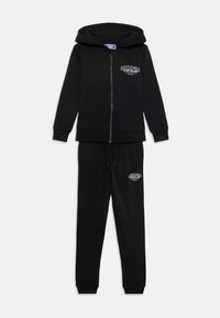 Black hoodie and sweatpants set in soft fabric, featuring a zip-up front, drawstring waist, and logo detail on the chest and leg.