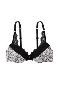 Soutien-gorge à motif floral avec garniture en dentelle noire et bretelles ajustables ; présente un détail central en forme de nœud et un mélange de tissus doux pour le confort.