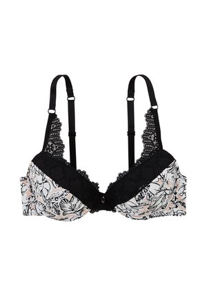 Soutien-gorge à motif floral avec garniture en dentelle noire et bretelles ajustables ; présente un détail central en forme de nœud et un mélange de tissus doux pour le confort.