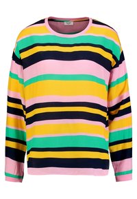 Camicia a maniche lunghe con audaci righe orizzontali in rosa, giallo, blu navy, verde e bianco. Collo tondo e vestibilità rilassata. Tessuto morbido.