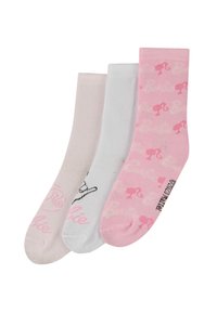 Tre paia di calzini da barca: rosa con motivo di fenicottero, bianchi semplici e rosa chiaro con dettagli del logo. Tutti realizzati in tessuto morbido e elasticizzato.