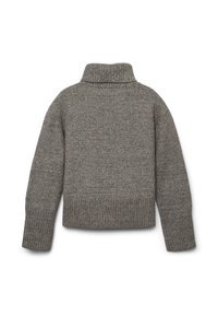 Pull en gris tricoté avec un col haut en côtes et des poignets en côtes. Présente une surface texturée et un design court.