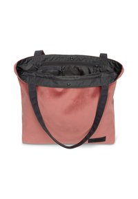 Rosa tygväska med svart inredning. Har två handtag, en blixtlåsficka och flera fack. Slät textur, minimalistisk design.