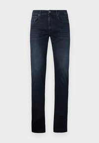 Mørkeblå denim jeans med lige ben, som har en frontlukkefunktion med knap, fem lommer og let udtværing langs lårene.