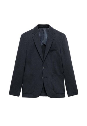 Temně šedý přizpůsobený blazer, texturovaná látka, jednořadový střih, klopové límce, dvě přední kapsy a náprsní kapsa s jemnou podšívkou.