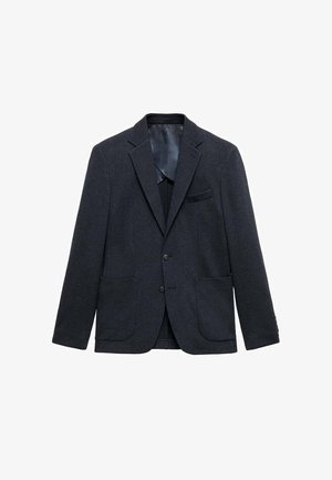 Dunkelgrauer maßgeschneiderter Blazer, strukturiertes Gewebe, einreihiges Design, Reverskragen, zwei Fronttaschen und eine Brusttasche mit einer dezenten Fütterung.